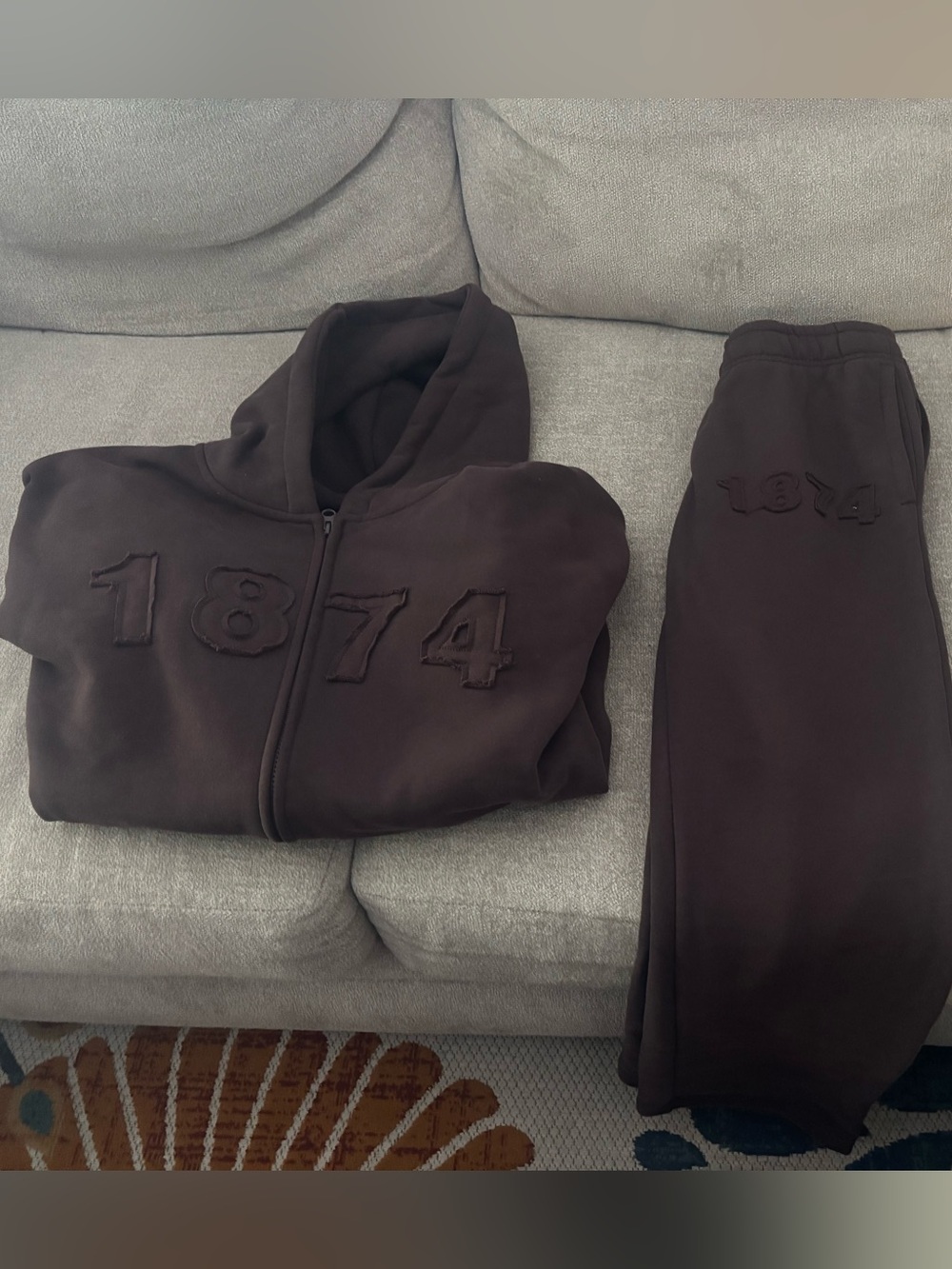 Dark Brown Zip Hoodie & Sweatpants Set with 1874 Embossed. Never worn.